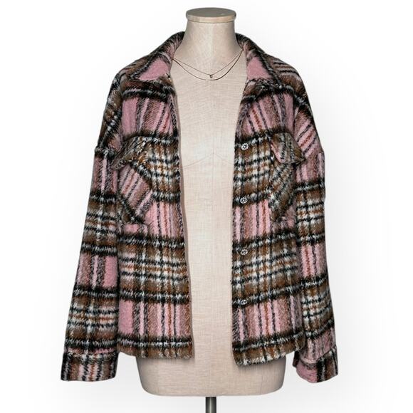 LULUS The City is Calling Plaid Pink Shacket Lagenlook Relaxed Coquette Cozy - Picture 6 of 16